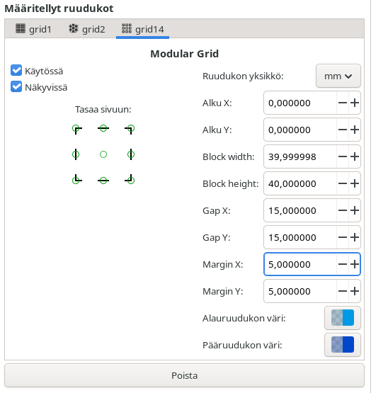 Modulaarisen ruudukon asetukset
