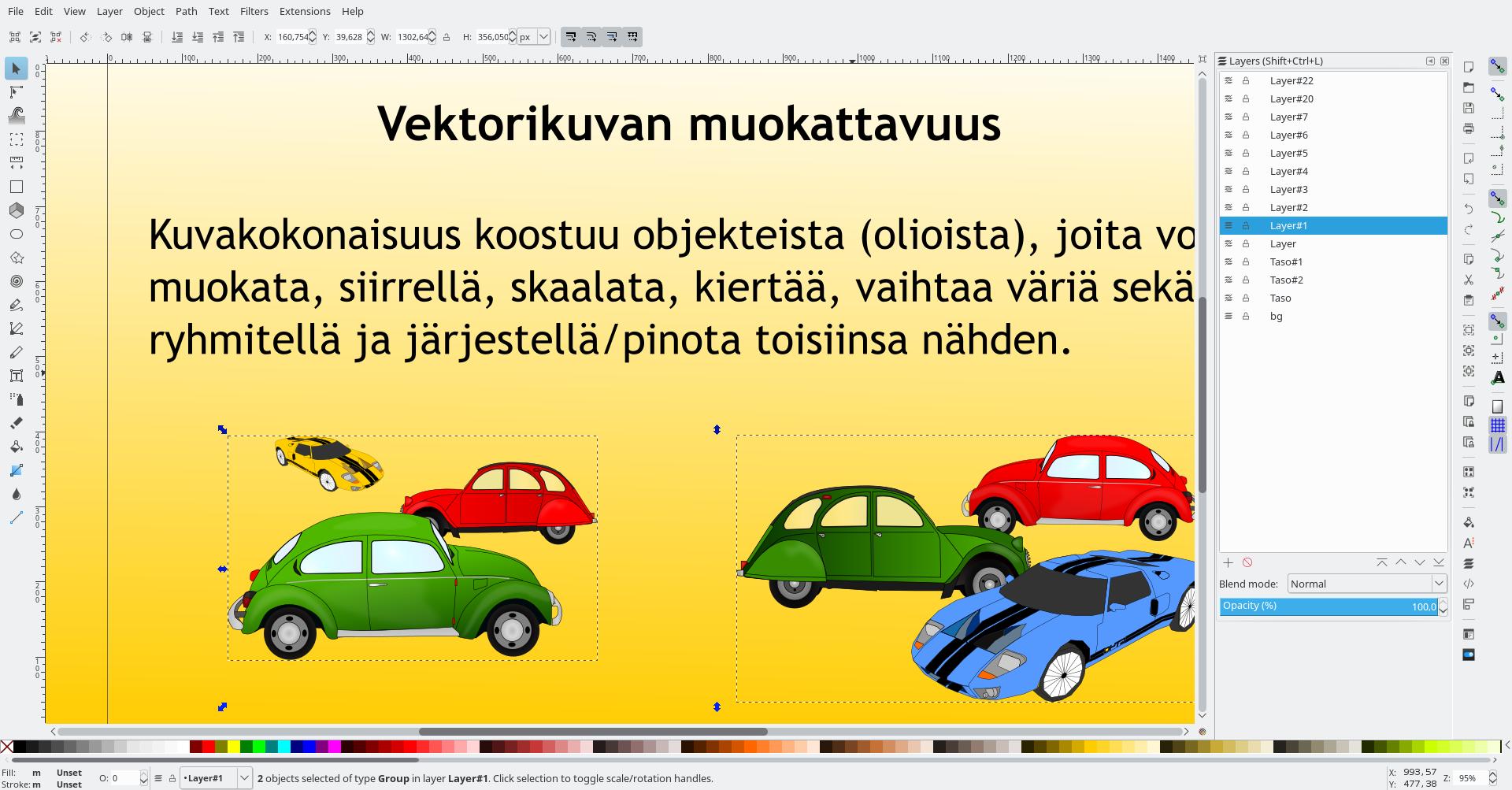 Kuvakaappaus Inkscapen ikkunasta, jossa leikekuvia autoista