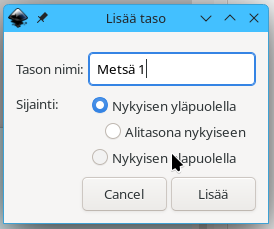 Tason lisäysdialogi