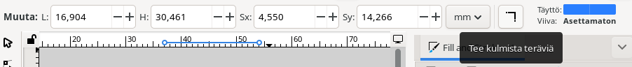 Suorakulmiotyökalun asetuspalkki. Tee kulmista teräviä -työkaluvihje napin kohdalla.