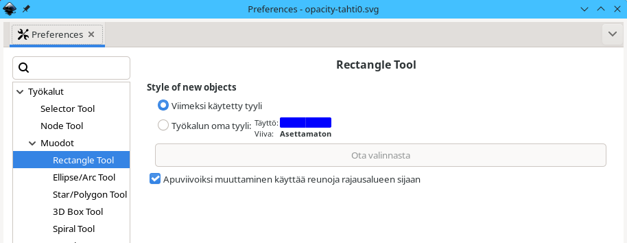 Inkscapen asetusikkunassa kohta: Työkalut, Muodot, Rectangle Tool