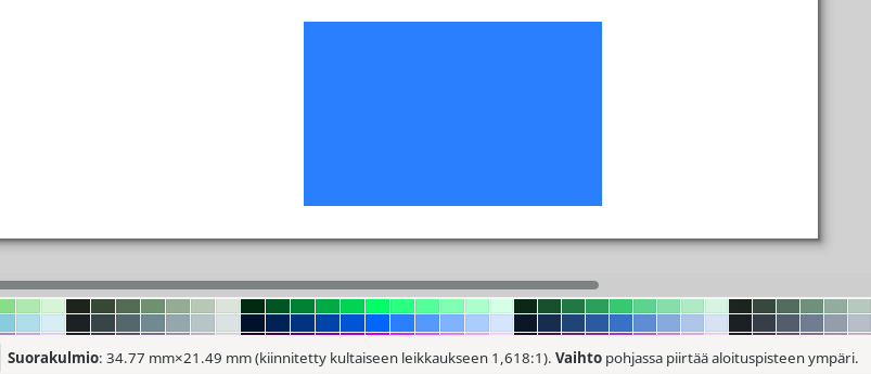 Piirrettynä sininen suorakulmio ctrl pohjassa. Vihjepalkki kertoo lukitun mittasuhteen.