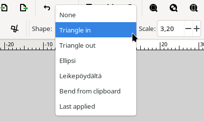 Shape- ja scale-asetukset viivatyökalun asetuspalkissa