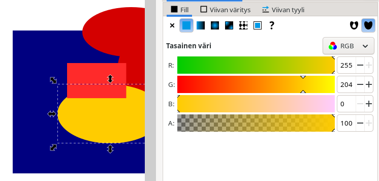 Keltainen ellipsi ja sen väriasetukset RGB:nä.